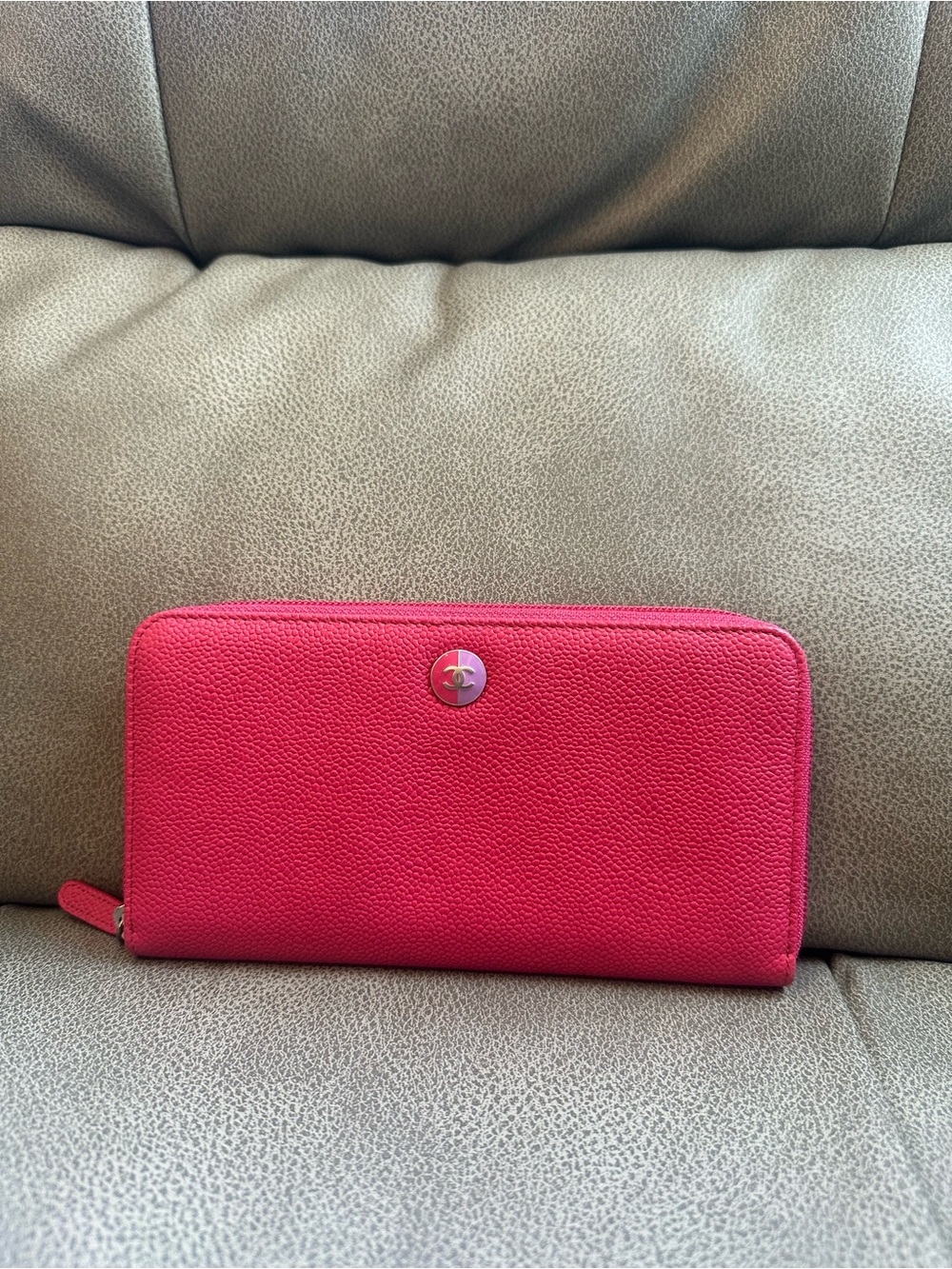 CHANEL Hot Pink Pebbled Leather Zip Wallet